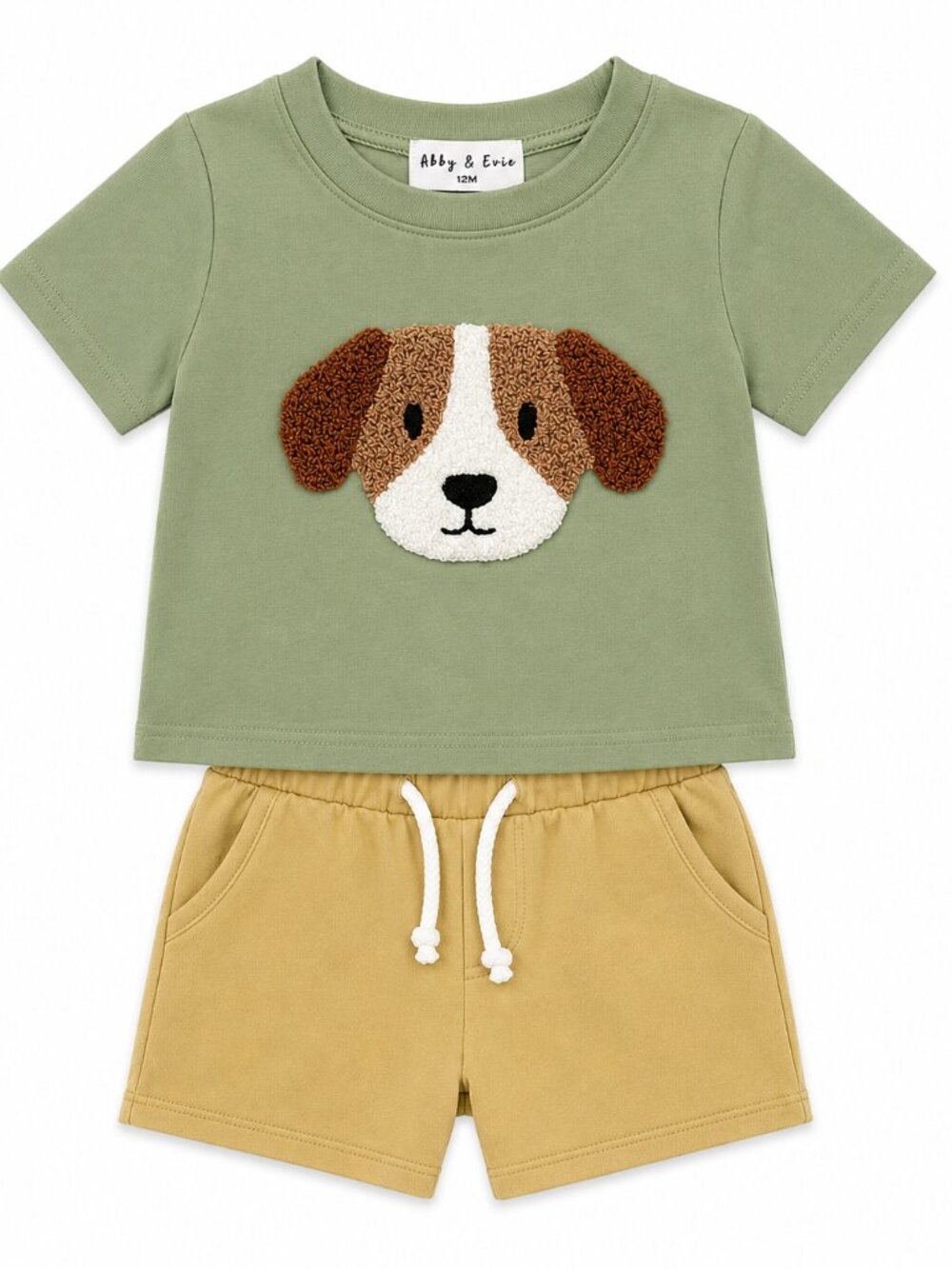 NWT Abby & Evie Toddler Boy 2 Piece Short Set 12M Puppy Embroidered Boutique